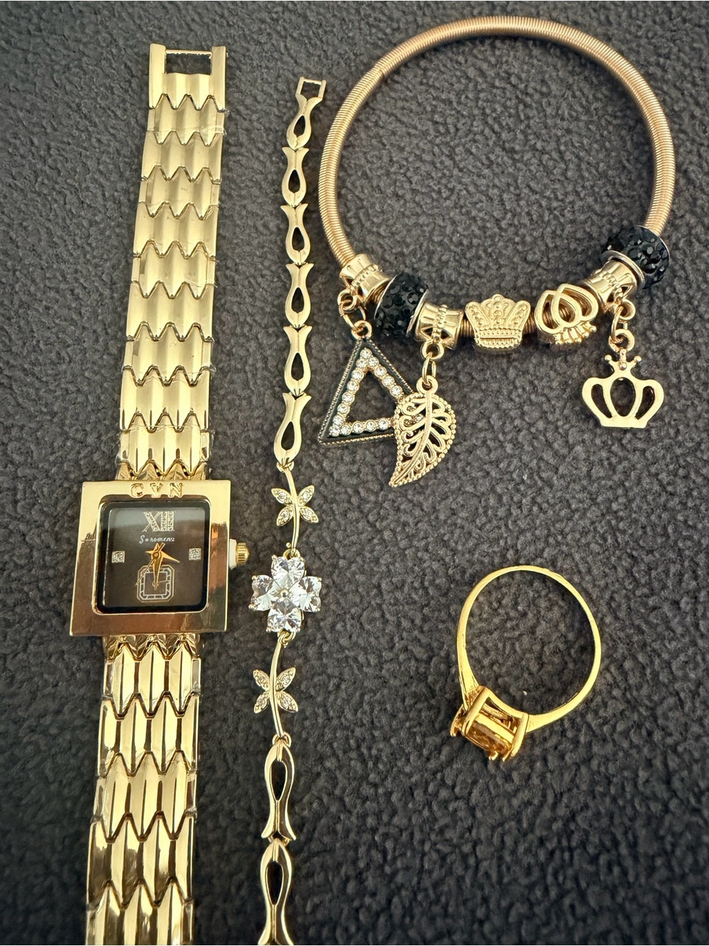 Gold Tone Women's Jewelry Set with Watch, Bracelet, Ring and Charm Bangle